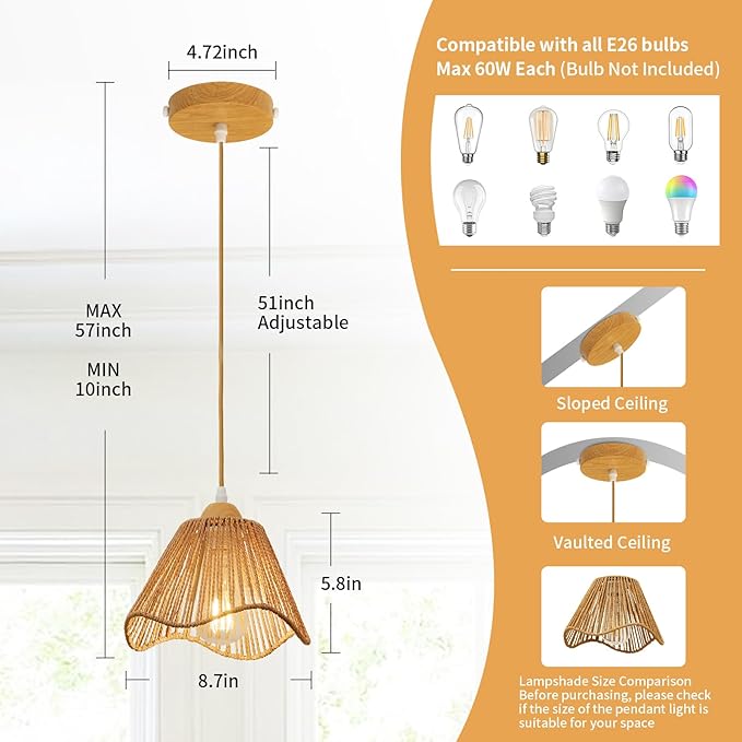 3 Pack Wave Rattan Chandelier Pendant Lights Kitchen Island,Farmhouse Boho Chandeliers Adjustable Height Hanging lamp for Dining Room,Kitchen Ceiling Light Fixtures Hand Woven Wicker Lampshade