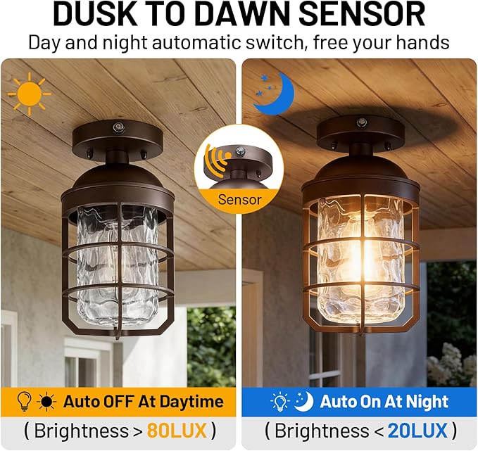 Outdoor Ceiling Lights for Porch with Dusk to Dawn Sensor, Outdoor Semi Flush Mount Ceiling Light Fixture with Water Ripple Glass for Front Porch Entryway Patio, Set of 2