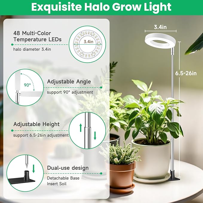Aokrean Grow Lights for Indoor Plants, Full Spectrum Plant Lights for Indoor Growing with with 3/9/12H Timer, 3 Color Modes, 10 Brightness, 6.5"-26" Height Adjustable Small Grow Light, 1 Pack(3.4in)