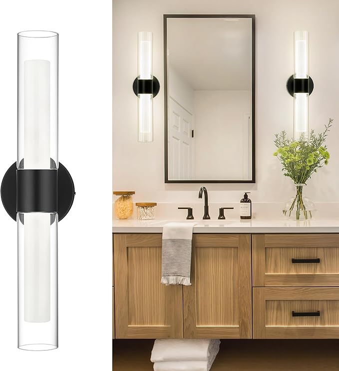 kudos Black Modern Sconces Wall Lighting, Wall Sconces with Clear Glass and Frosted Glass, Modern LED Vanity Light for Bathroom, 3000K/4500K/6000K Adjustable,KDVL06-BK-2