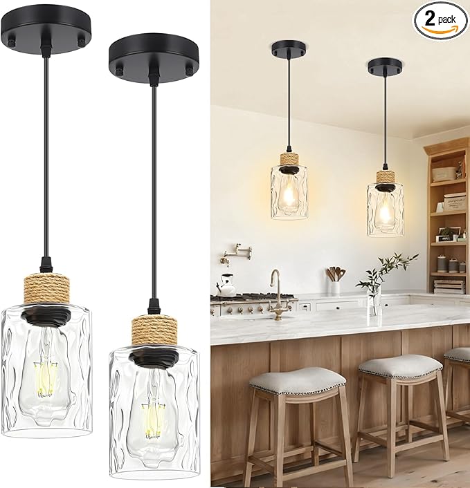2 Pack Farmhouse Pendant Lights for Kitchen Island, Water Ripple Glass Hanging Light Fixture, E26 Black Island Lights for Kitchen, Dining Room, Bedroom, 41" Adjustable Cord, Bulb Not Included