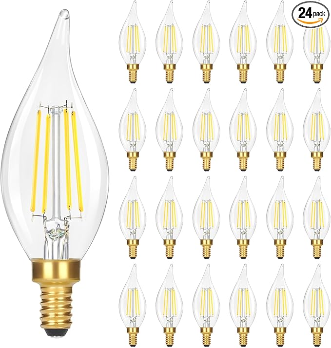 24-Pack Dimmable E12 LED Candelabra Bulbs, 40W Equivalent 5000K Daylight White Chandelier Light Bulbs, 4W 460 Lumen Vintage Flame Tip Candle Bulbs for Lamp, Ceiling Fan, Home Decor