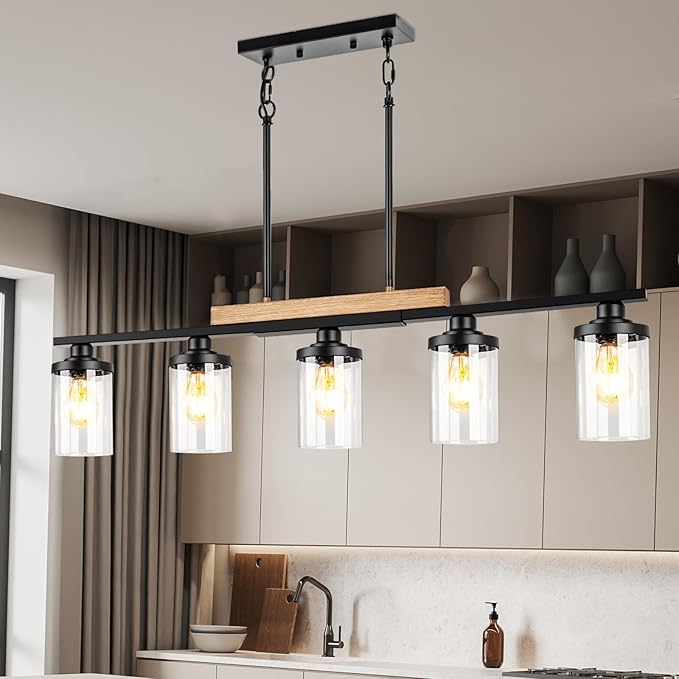 5-Light Kitchen Island Lighting, Farmhouse Dining Room Chandelier over Table, Modern Pendant Light Fixture with Adjustable Height, Large Black Ceiling Light for Dining Table Sloped Ceiling Compatible