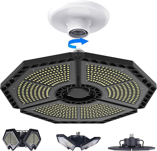 KERNOWO LED Garage Lights, 140W 18500 Lumens Garage Ceiling Lighting, 6000K Daylight with Deformable Three Panels Light Fixture E26/E27 Triple Glow LED Shop Light for Basement Workshop Warehouse