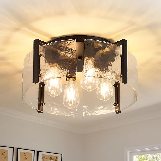 Semi Flush Mount Ceiling Light: 4 Light Drum Matte Black Ceiling Lights - Mid Century Modern Kitchen Lighting Fixtures - Vintage Hammered Glass Fixture for Entryway Farmhouse Bedroom Hallway Foyer