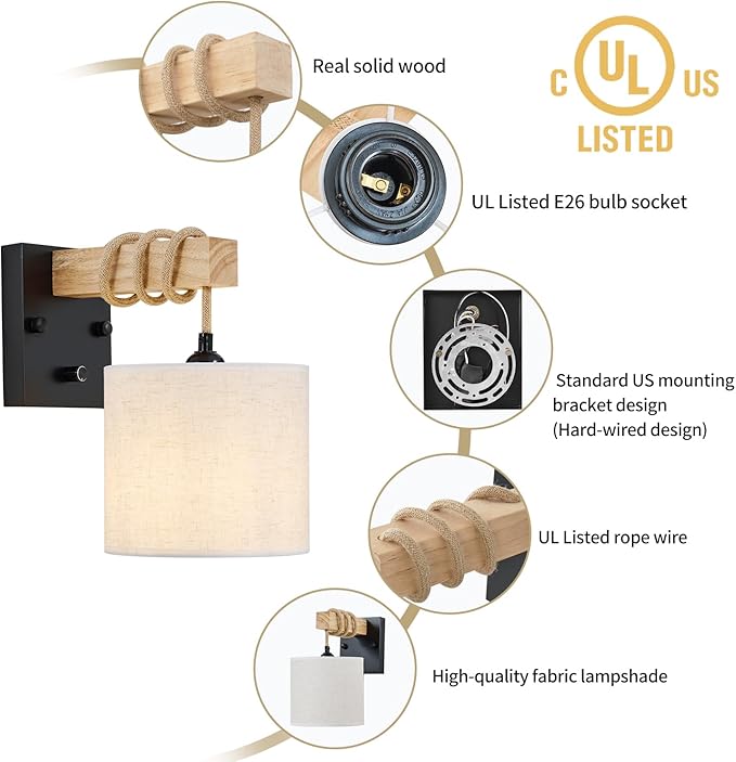 Boho Wall Sconces, Hardwired Farmhouse Fabric Wall Lamps with Wooden Arm & On/Off Dimmable Switch,Rustic Indoor Wall Mount Light Fixtures for Bedroom Nursery Living Room Bathroom