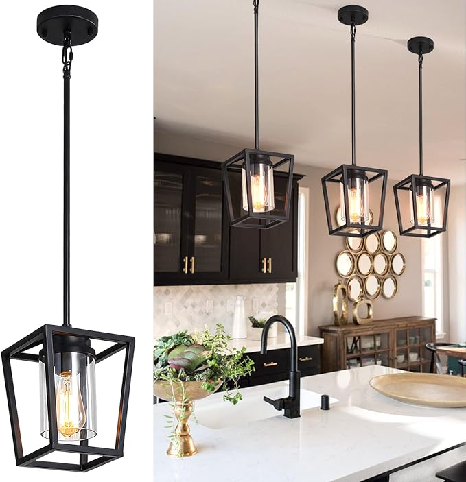 SGLfarmty Pendant Lights Kitchen Island, 1-Light Black Modern Farmhouse Adjustable Lantern Hanging Fixture with Glass Shade for Dining Room Entryway Hallway