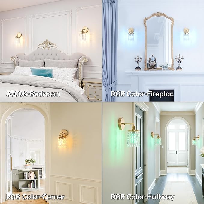 Shenmoyl Crystal Battery Operated Wall Sconce, Rechargeable Battery Powered Wall Lamp with Remote Control, Modern Dimmable Wireless Wall Lights Fixture for Bedroom Bathroom(Transparent, Gold Base)