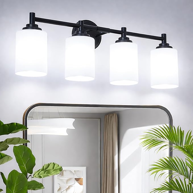 4-Light Bathroom Light Fixtures,Matte Black Bathroom Vanity Light Over Mirror with Cream White Glass Shade,Modern Farmhouse Wall Sconces Lighting for Bedroom Cabinet Kitchen Living Room