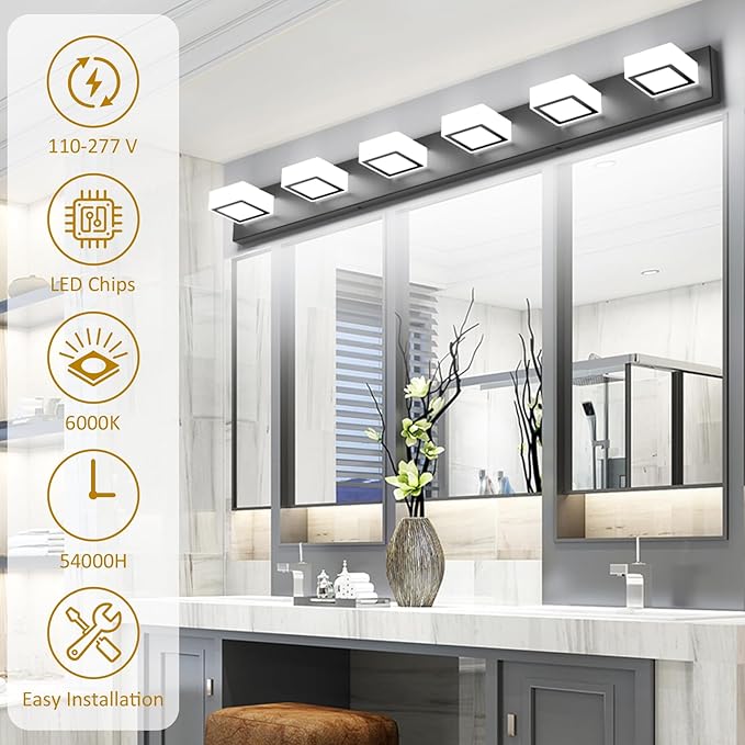 Ralbay Black Bathroom Vanity Lights 48inch Metal Acrylic LED Modern Bathroom Wall Lighting Fixtures Matte Black (White Light 6000K, Non-dimmable)