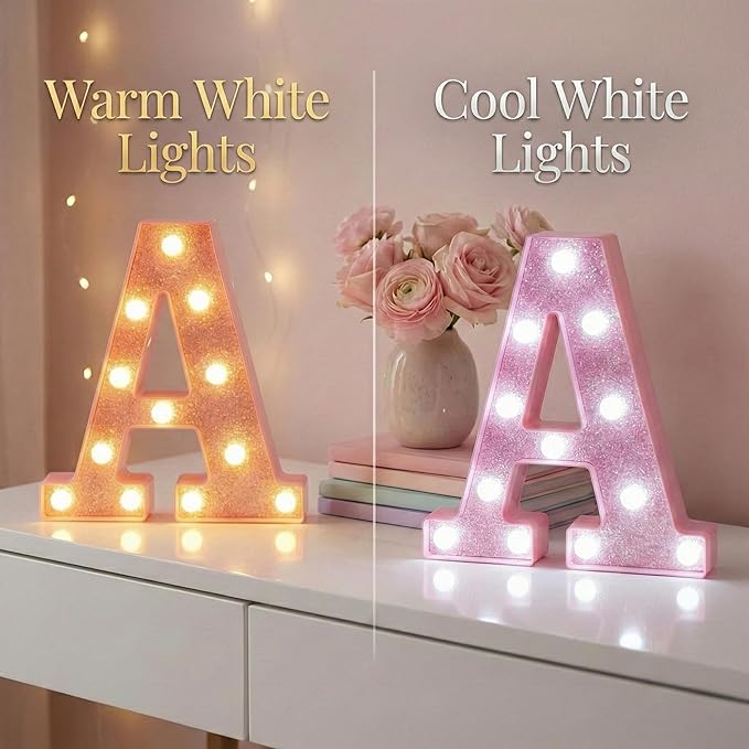 Pink Marquee Light Up Letters, Glitter Alphabet LED Letter Lights for Pink Birthday Party Decorations, Battery Operated Letter Sign for Girls Room Vanity Table Decor, Warm White Lights Letter W