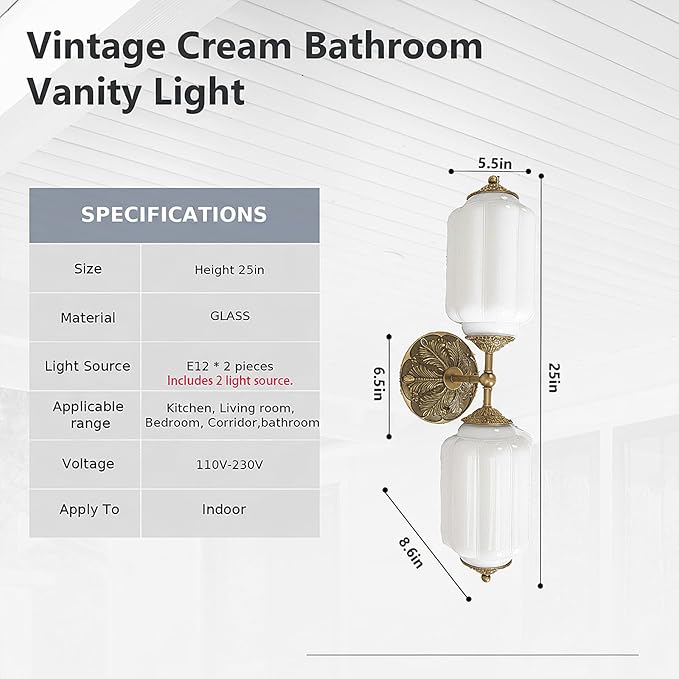 Milk Glass Bathroom Vanity Light - 2-Light Wall Sconce with Brass Finish Base & Green Glass Shade - Wall Sconce Lighting for Mirror, Kitchen, Living Room (White Glass with Gold Metal Accents)