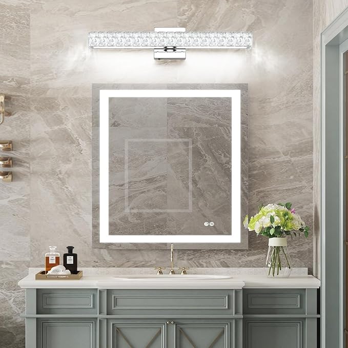 SOLFART Bathroom Light Fixture Crystal Vanity Light Fixtures, Modern LED Lights Above Mirror, 24 Inch Bath Lighting Fixture Chrome