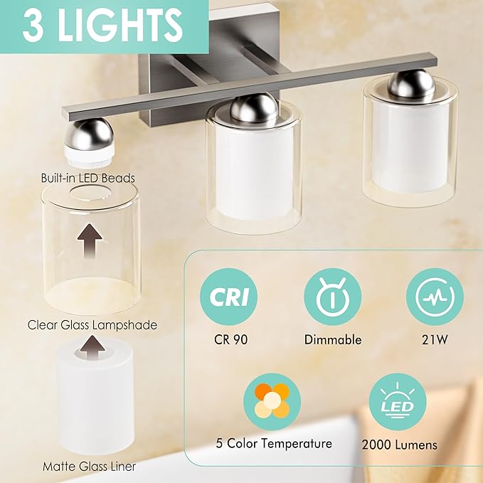 Quntis 3 Light Brushed Nickel Bathroom Light Fixtures, Modern Vanity Lights Over Mirror with 5 Colors & Stepless Dimmable, 16 Inch LED Bathroom Lighting with Milk White Frosted Glass (Bulbs Included)