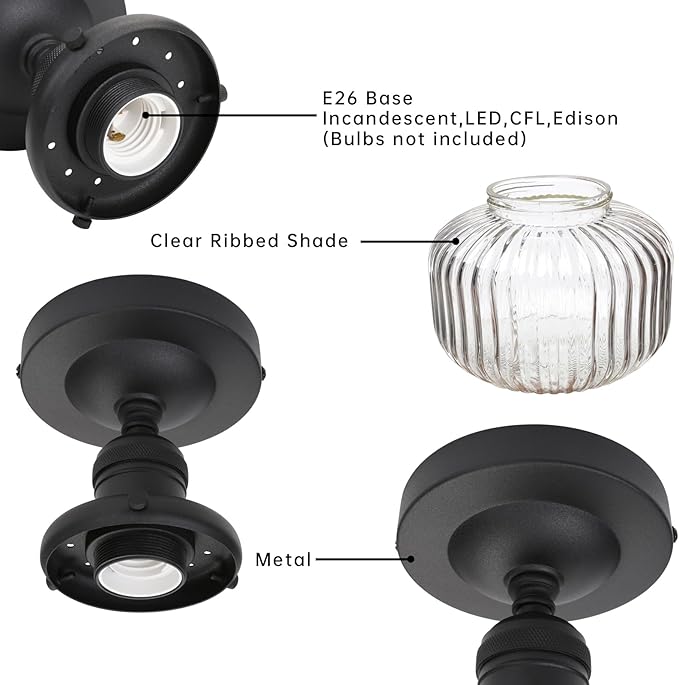 Industrial Semi Flush Mount Ceiling Light, Clear Striped Glass Pendant Shade Farmhouse Light Fixture, Close to Ceiling Light Fixture for Porch, Hallway, Entryway, Kitchen, Bedroom, Hotel