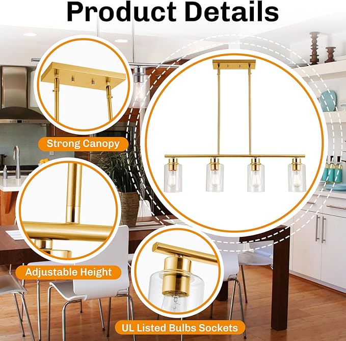 mavcadonf Kitchen Island Light, 4-Light Pendant Lighting, Farmhouse Industrial Dining Room Light Fixtures for Kitchen Island Dining Living Room, Brushed Gold with Clear Glass Shade