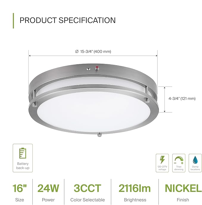 ASD LED 16" Round Flush Mount Lighting, Close to Ceiling Light Fixture | 3CCT, Dimmable, Battery Backup, ETL Listed | 24W 2116LM 3000-5000K 100-277V | Low Profile Double Ring Lamp | Nickel, 4 Pack