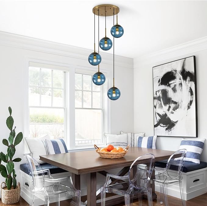KCO Lighting Nordic Blue Glass Pendant Light 5-Light Globe Cluster Pendant Lighting Brushed Gold Kitchen Island Pendant Lights Modern Farmhouse Multi Pendant Hanging Light Fixture