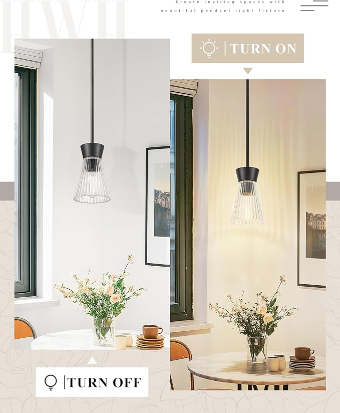 Modern Pendant Light, HWH 1-Light Adjustable Hanging Lighting for Kitchen, Living Rooms, Bedrooms, Black Kitchen Island Lights with Clear Striped Glass, Matte Black Finish, 5HZG107MIL BK