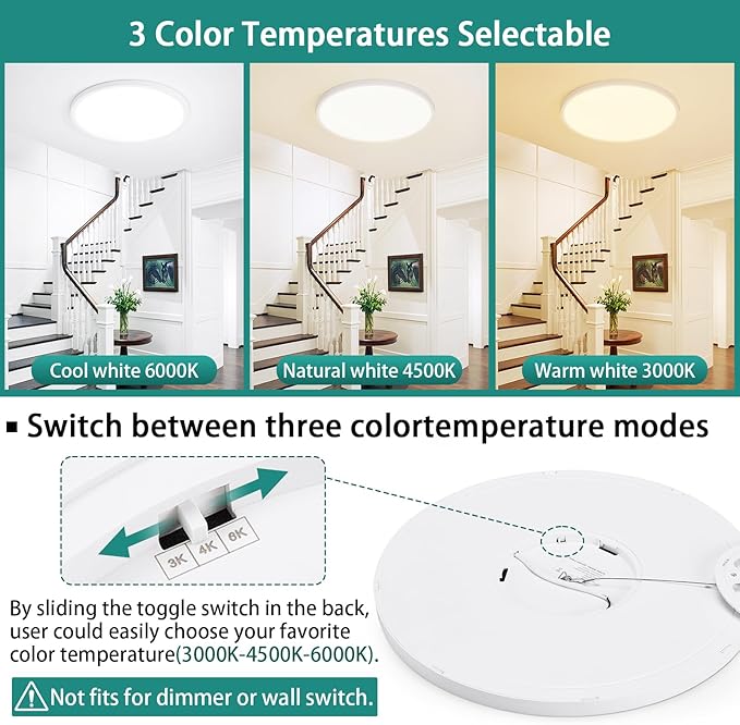 12Inch LED Flush Mount Ceiling Light – 24 W 2400 LM Dimmable, 3-CCT Changeable (3000K/4000K/6000K), Ultra-Thin Modern Round Light Fixture for Kitchen, Dining Room, Bedroom, Office
