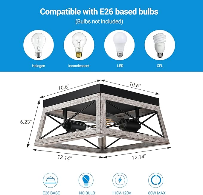 DEWENWILS Farmhouse Flush Mount Ceiling Light, Metal Light Fixture with Wood Grain Finish, 2-Lights Hallway Light Fixture Ceiling Mount for Entryway, Foyer, Dining Room