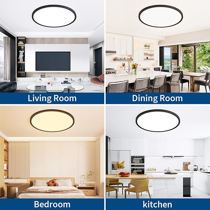 Modern 20'' Led Ceiling Light Fixture, Ultra Thin Flush Mount, Dimmable & 3000K/4500K/6000K Selectable, 40W 4000LM, Black, for Bedroom, Kitchen, Dining Room, Living Room, Home Office, Hallway