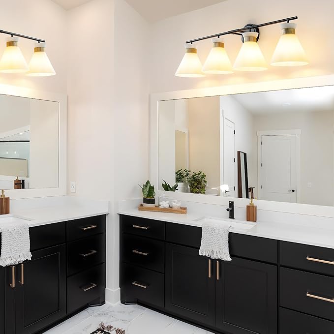 WOSHITU Bathroom Vanity Light Fixtures: 4-Light Mid Century Modern Vanity Lights for Bathroom Over Mirror, Black and Gold Wall Sconce Lighting with Frosted Milky Glass for Bath Bedroom
