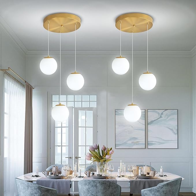 ykolupty 3-Light White Globe Glass Pendant Light Modern Gold Chandelier White Glass Pendant Chandelier for Dining Room Kitchen Island Foyer Hallway