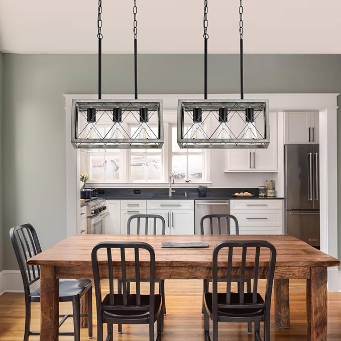 KEESFU Farmhouse Kitchen Island Lighting Ceiling, 3 Lights Pendant Lighting Fixtures, Adjustable Height, Industrial Dining Room Light