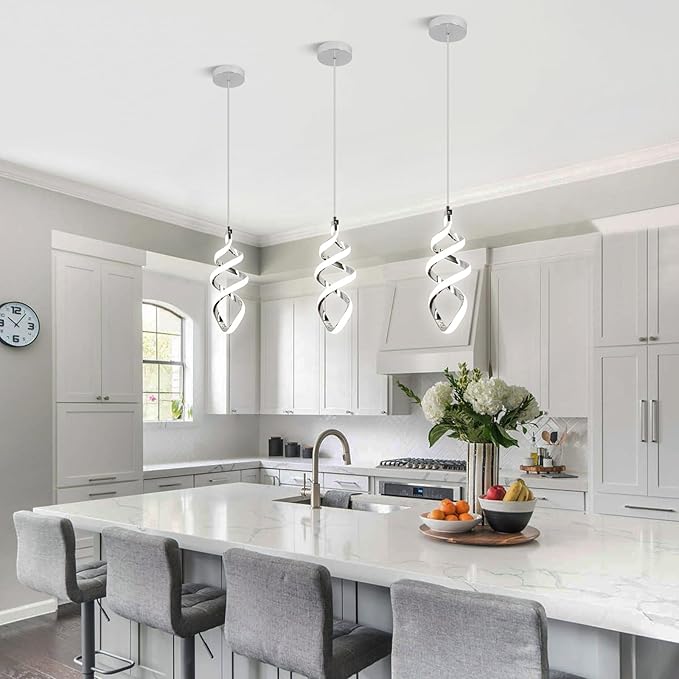 Modern Led Pendant Light Fixture, 15W Chrome Spiral Led Chandelier Hanging Lamp, 4500K Daylight White Pendant Lamp, Adjustable Height Pendant Light for Kitchen Dining Room Bedroom Kitchen Island Cafe