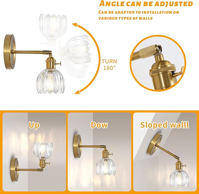 Tulip Glass Lampshade 180 Degree Adjustable Brass Sconces Hradwired Modern Wall Lighting Fixture with Switch for Bedside Bedroom Doorway