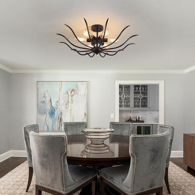 31.5" Semi Flush Mount Black Ceiling Light Fixture, 6-Light Modern Ceiling Living Room Light Fixture, Large Farmhouse Chandelier Dining Room Kitchen Bedroom Entryway Hallway Foyer Light Fixture