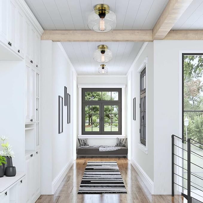 SunRider Industrial Semi-Flush Mount Ceiling Light Fixture, Seeded Glass Pendant Lamp, Brass Farmhouse Lighting for Hallway Porch Corridor Bedroom