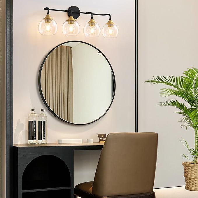 Bathroom Vanity Light with Clear Glass Shade, E26 Base, 31 Inch Vanity Lighting Fixtures Over Mirror, Vanity Lights for Bathroom (Exclude E26 Bulb) - Black and Gold, 4-Lights