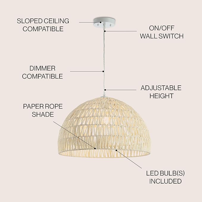 JONATHAN Y 20" Cream Modern Bohemian Woven Rope LED Pendant Light Fixture, Adjustable Dome Ceiling Lamp for Kitchen Island, Rope Shade, Coastal Farmhouse Decor JYL6504A
