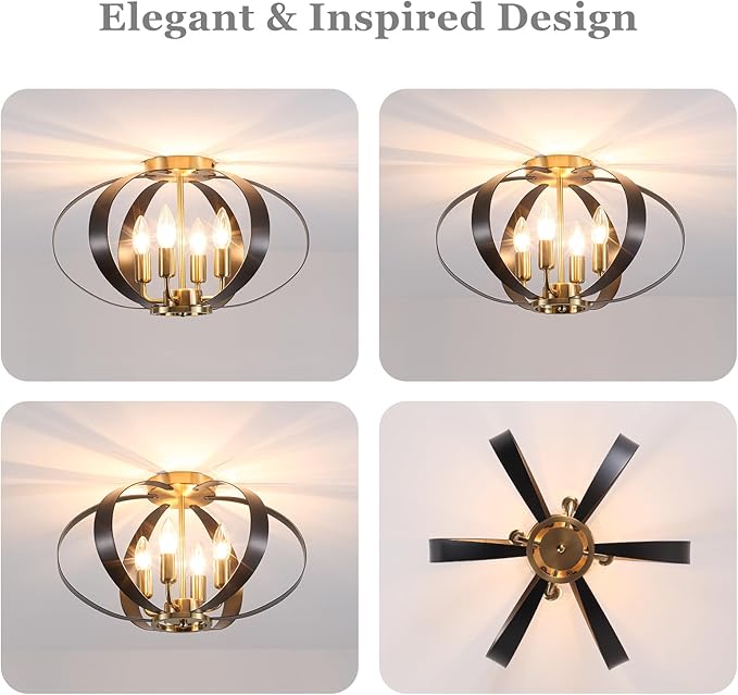 Black and Gold Semi Flush Mount Ceiling Light, 4-Light Farmhouse Modern Light Fixtures Ceiling Mount, Metal Cage Chandelier Lamp for Kitchen, Hallway, Entryway, Living Room, Bedroom