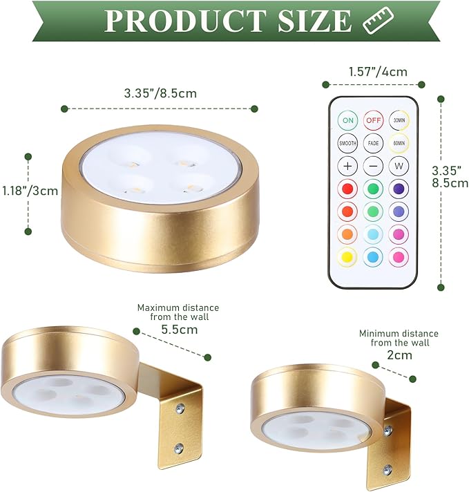 2-Pack Picture Light Battery Operated Painting Lights, 13 Color RGB Magnetic LED Display Art Light with Remote, Dimmable and Timer Portrait Light for Art Frame Artworking, Wall Decor Puck Light, Gold