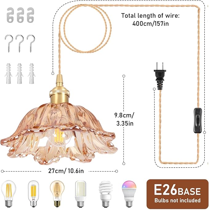 Plug in Pendant Light Fixtures,Hanging Light Fixture Amber Glass Pendant Light 10.6in E26 Pendant Lighting for Kitchen Island, Bedroom, Dining Room, Living Room 2pack