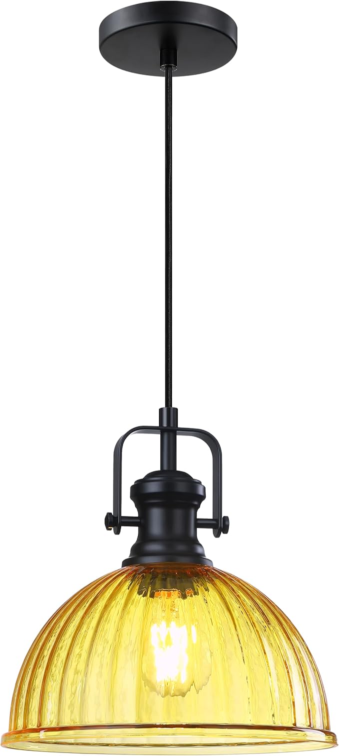 Leading Lighting 1 Light Pendant Light Hanging Modern Farmhouse Indoor Fixture 10" Yellow Textured Glass Black Finish Dinning Over Sink Kitchen Island