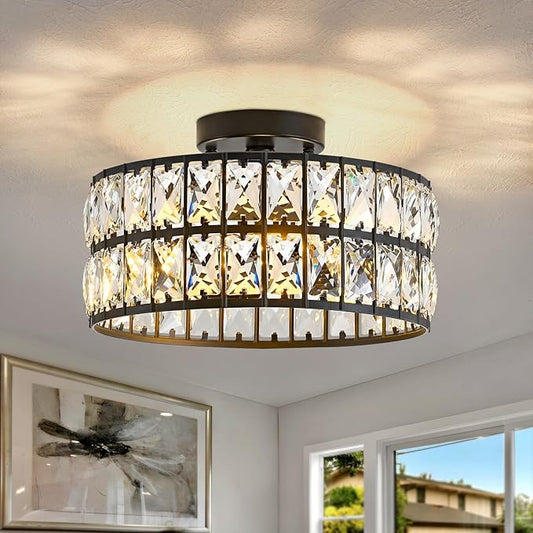 HuixuTe Modern Bedroom Light Fixtures Ceiling, 12.5" Round Drum Crystal Chandelier 3-Light, Black Semi Flush Mount Ceiling Light for Dining Room Kitchen Hallway Living Room