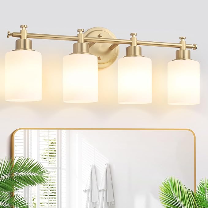 4-Light Bathroom Vanity Light, Brushed Gold Vanity Lights for Bathroom, Modern Brushed Gold Wall Sconce with White Glass Shades, Anti-Rust Light Fixtures over Mirror (Bulbs Not Included, E26 Base)
