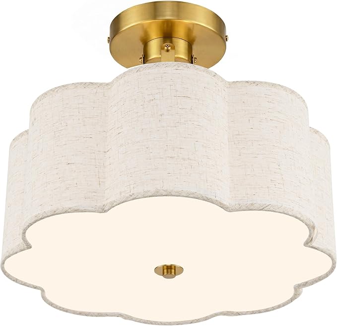 AUTELO 12.6 Inch Semi Flush Mount Ceiling Light,3-Light Brushed Gold Modern Ceiling Light with Flower-Shaped White Fabric, Kitchen Ceiling Light for Bedroom Hallway, C2507 BGS-8