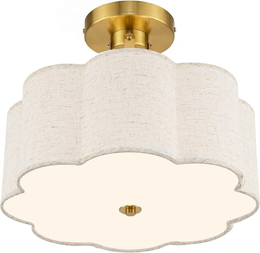 AUTELO 12.6 Inch Semi Flush Mount Ceiling Light,3-Light Brushed Gold Modern Ceiling Light with Flower-Shaped White Fabric, Kitchen Ceiling Light for Bedroom Hallway, C2507 BGS-8