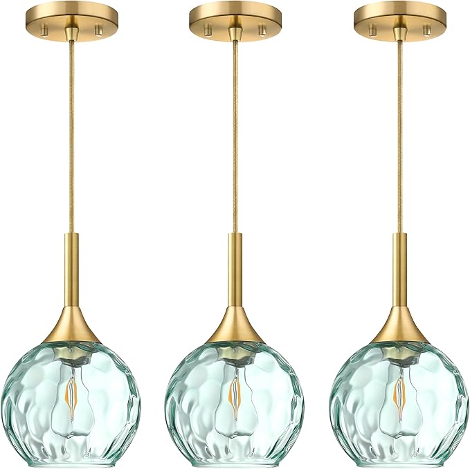 6.3" Hammer Green Glass Pendant Light 3 Pack Pendant Ceiling Light Fixture Gold Finish Modern Farmhouse Dinning Over Sink Adjustable Height Cord