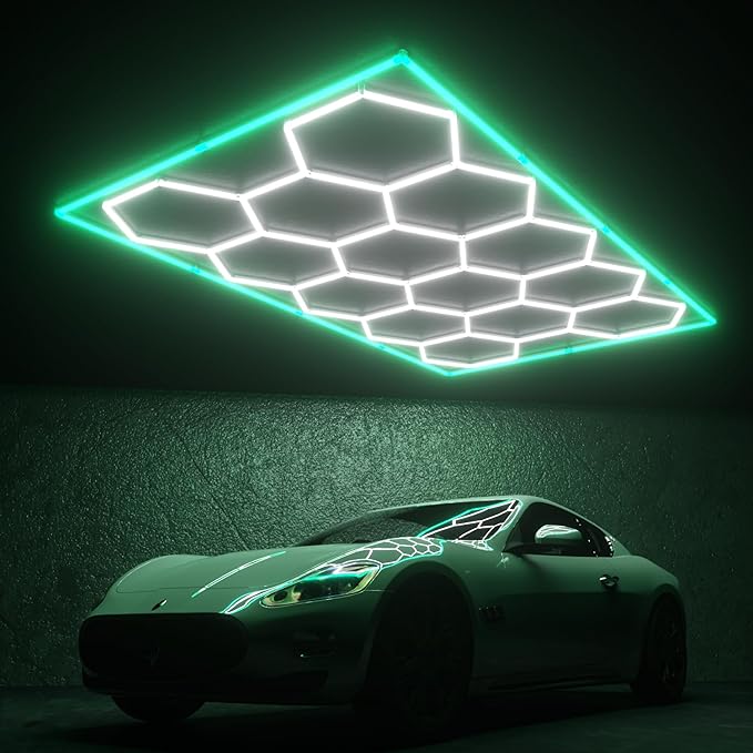 Hexagon Garage Lights, 14 Grids Hexagon LED Lights with Rectangle Frame, 603W 6500K Super Bright Honeycomb Light for Warehouse, Car Detailing Shop, Exhibition Hall, Gym(Green)