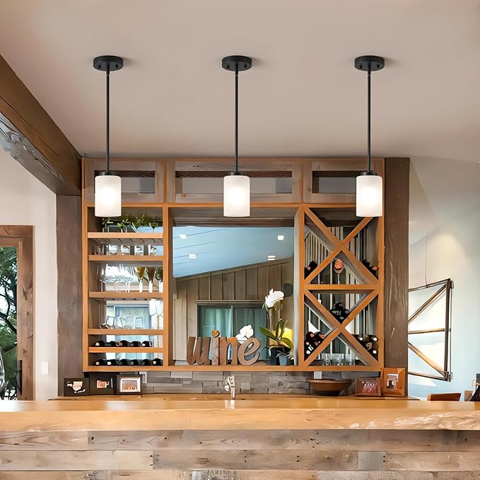 2 Pack Pendant Light Fixtures, Adjustable Kitchen Island Hanging Ceiling Lights with White Frosted Glass Shades, Black, House Indoor Light for Bedroom Living Room