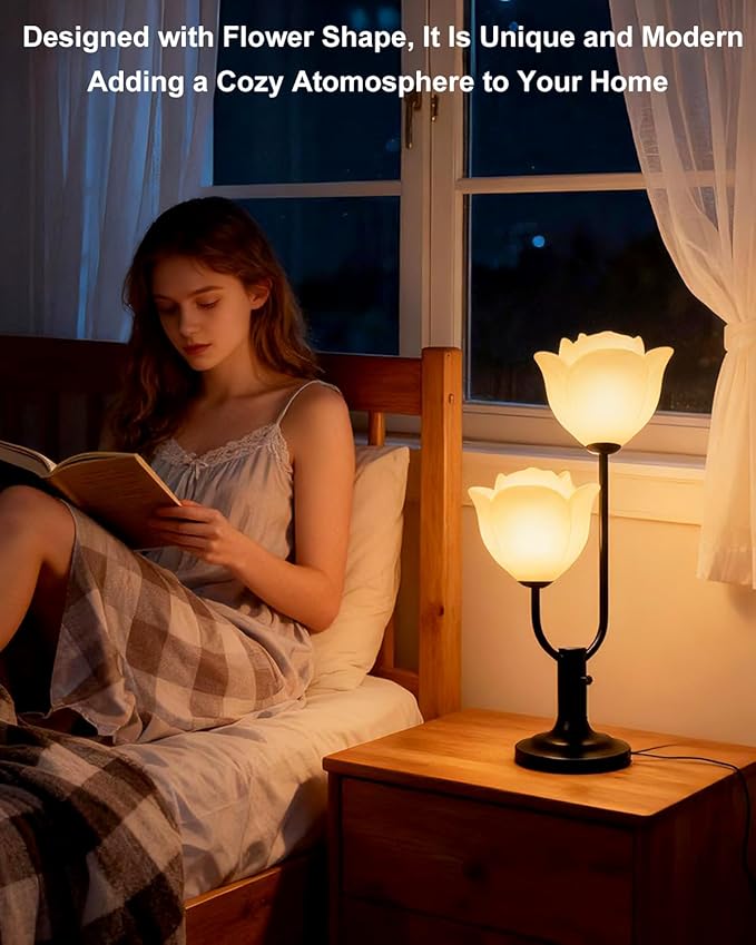 Lightdot Women Bedside Table Lamps for Bedroom, 2-Light Cute Flower Desk Lamp with Bulbs Included, 0-100% Stepless Dimmable Black Nightstand Lamp, Floral Lamp for Living Room, Home Office,Reading