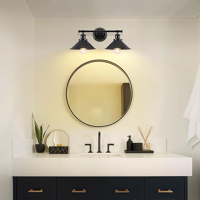 Bathroom Light Fixtures 2-Light Matte Black Farmhouse Vanity Lights for Bathroom Light Fixture, 20" Rustic Industrial Vanity Light Wall Sconce Lighting Fixtures over Mirror Cabin Kitchen Workshop Cafe