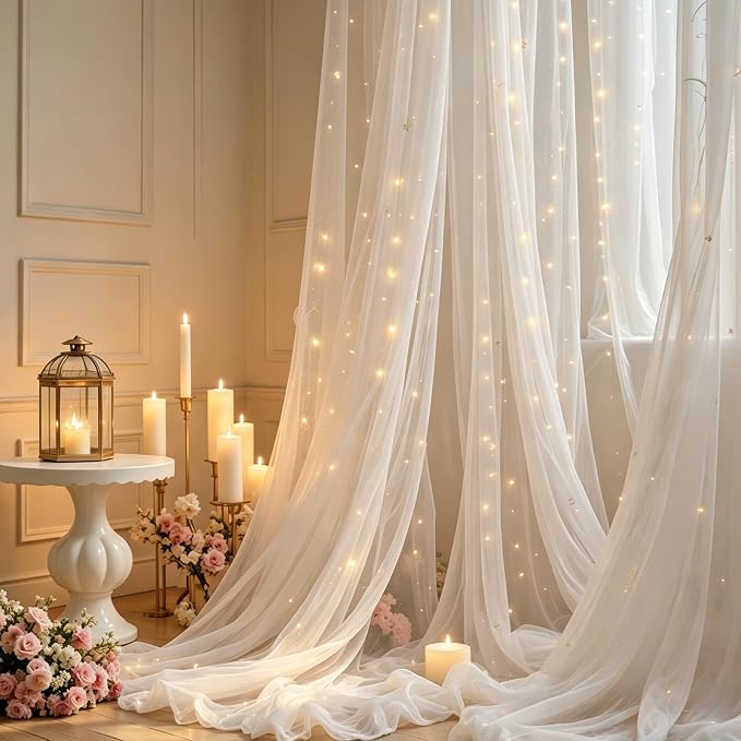 20×10ft White Tulle Backdrop Curtains with Lights String for Wedding Parties Sheer Backdrop Curtain Backdrop for Engagement Bridal Baby Shower Birthday Party Home Decoration 5ft×10ft, 4 Panels