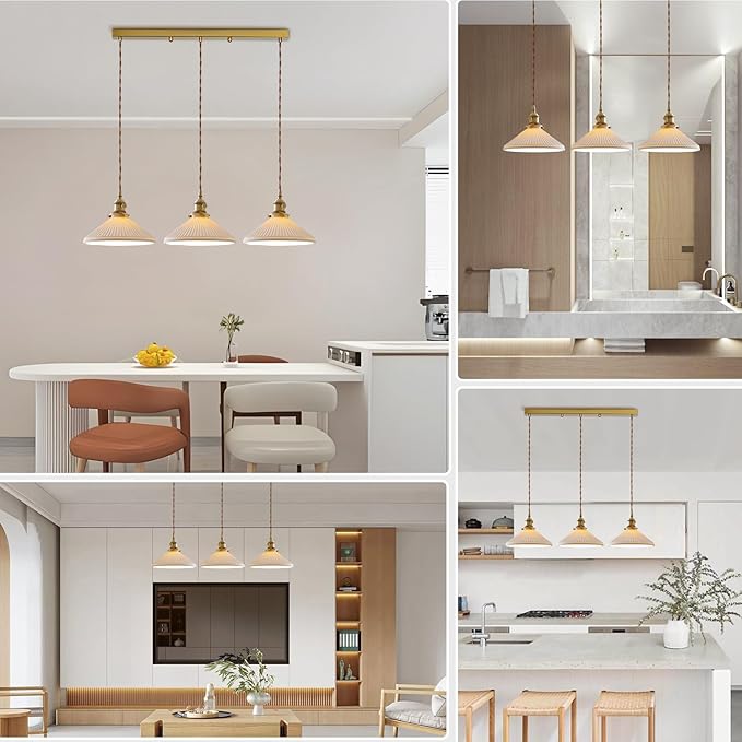 3 Light Linear Pendant Lighting Milk Glass Linear Chandelier Brushed Gold Kitchen Island Lighting Mid Century Brushed Gold Hanging Ceiling Light Fixtures for Dining Room Living Room MPL16D-3L